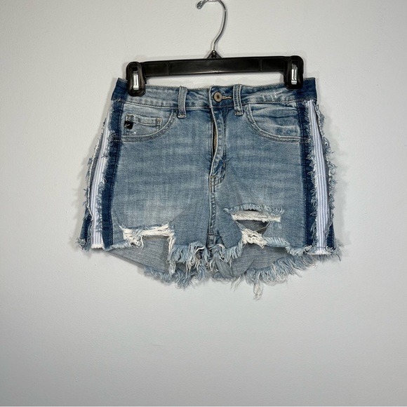KanCan Shorts Womens Medium Blue Denim Cut Off Side Stripe Distressed High Rise - Picture 1 of 7